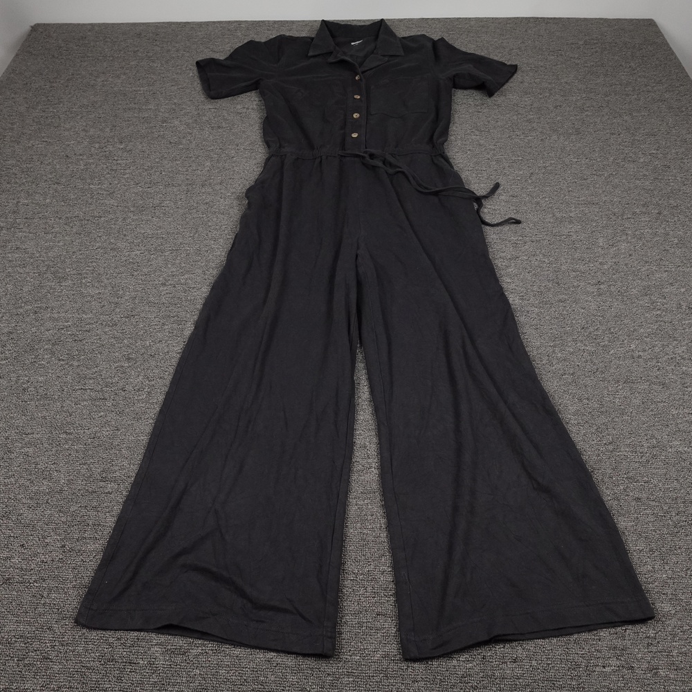 Duluth Trading Co Jumpsuit Womens XS Black Short Sleeve Button Wide Leg Collared